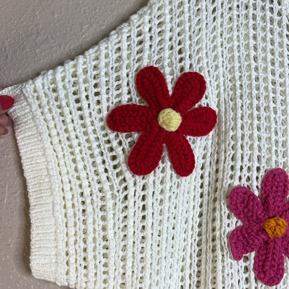 Women’s Ivory White Open-Knit Sweater with Colorful Crochet Flowers Sz XL - Picture 4 of 8